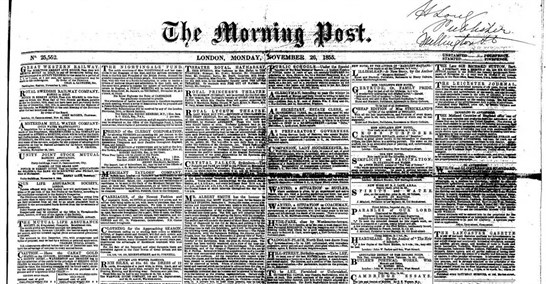 The Morning Post for 26 November 1855 advertising an 'election of pensioners' by the Friend of the Clergy Corporation